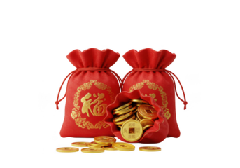 Red lucky bags with golden coins isolated on transparent background