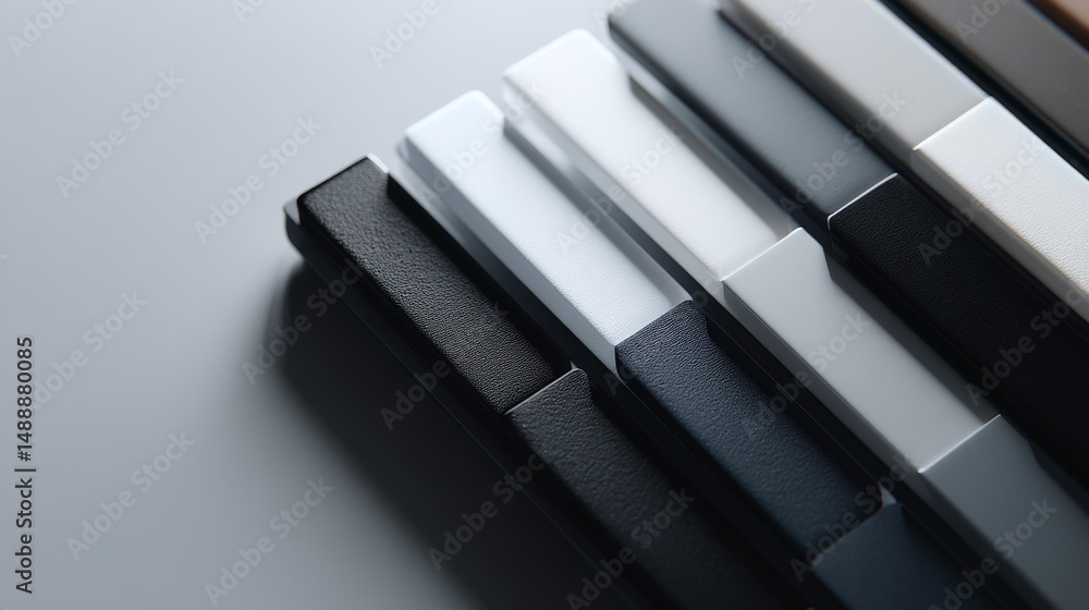 Poster abstract composition of color blocks in shades of gray and black against a smooth backdrop.