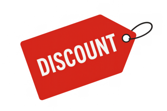 Red sale tag featuring bold white lettering, hanging by string against transparent backdrop, suitable for retail marketing