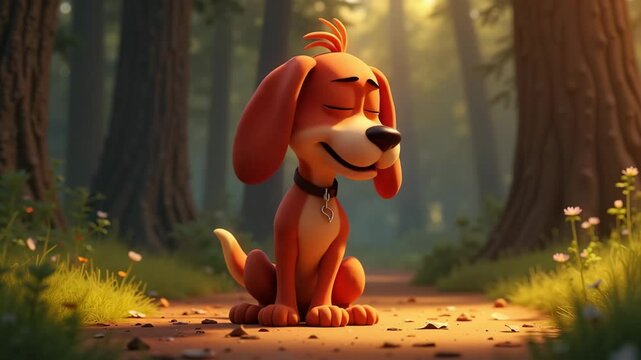  Cartoon dog with big eyes with a joyful mood singing songs on a forest path against a forest background.
