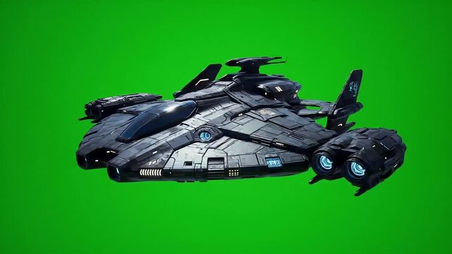 Alien Flying Saucer Hovering Smoothly, Rotating in Place, Showcasing Sleek Futuristic Design, Chroma Key Green Screen Background, Sci-Fi Concept, and Extraterrestrial Technology.