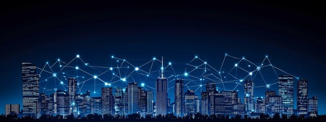 Abstract cityscape silhouette with glowing connection nodes on dark background, futuristic data network concept representing smart technology and urban connectivity.