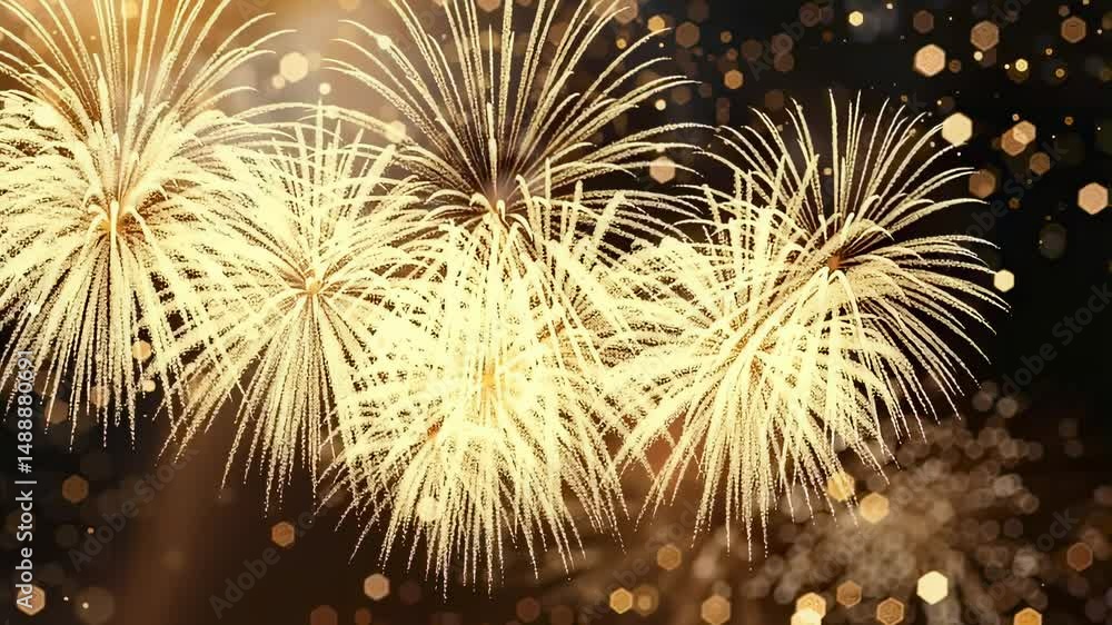 Poster golden fireworks display with bokeh lights on a dark background