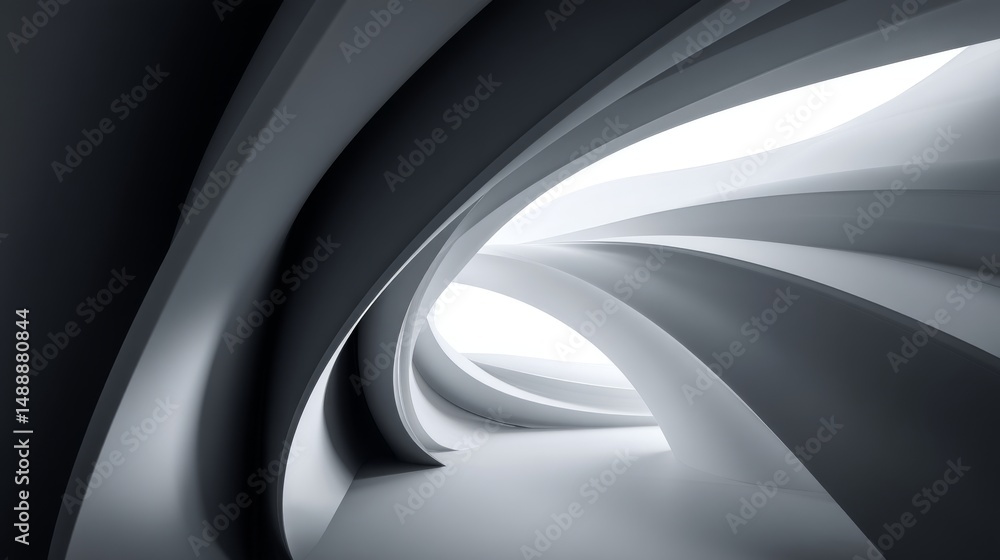 Poster an abstract view of a modern architectural corridor with smooth curves and light.