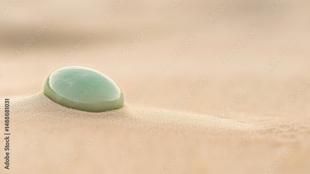 Poster smooth green stone resting on soft sand in a serene setting. a calming and simple zen stone with a m