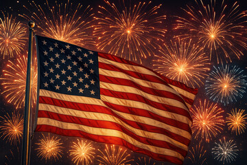 American flag waving proudly against vibrant fireworks display celebrating independence day