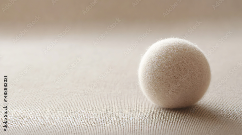 Poster a fuzzy off-white ball sits in soft light on a textured background. the image captures simple form a
