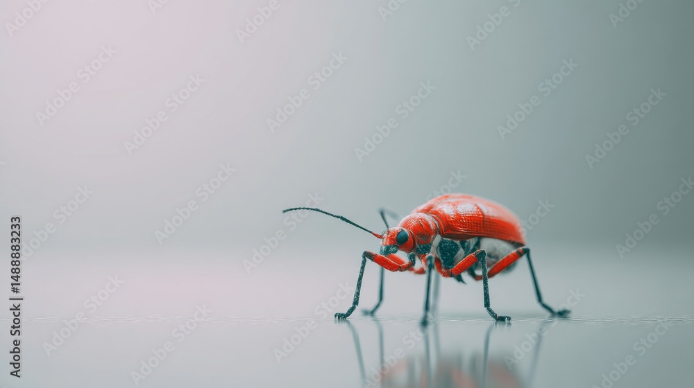 Poster close-up view of a vibrant red insect on a reflective surface, showcasing its unique features.