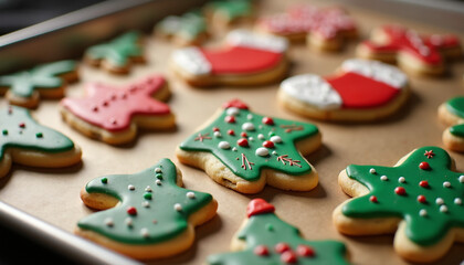 Fototapeta premium Festive Christmas Cookies Tray with Colorful Icing and Sprinkles