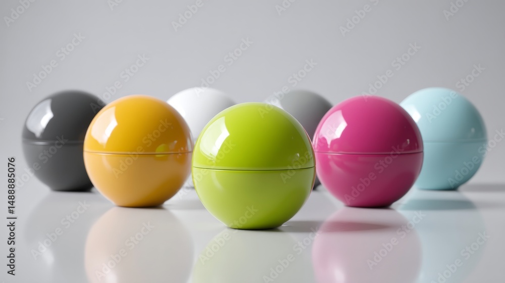 Aufkleber colorful circular containers arranged in a neat row on a smooth surface.