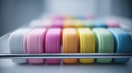 Colorful caution tape rolls arranged neatly, ideal for design and safety themes.