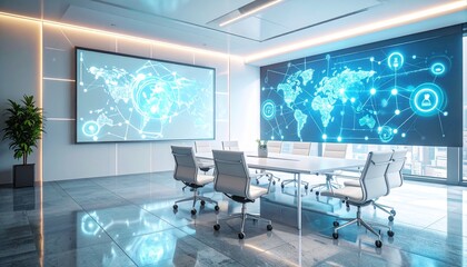 Modern Conference Room with Digital World Maps and High-Tech Screen Displays for Business Meetings and Collaborations