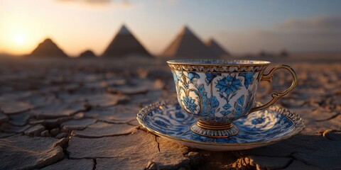 Fototapeta premium Ornate Teacup on Cracked Desert Earth at Sunset with Pyramids in Background