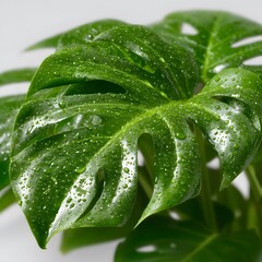 Obraz premium Close-up of a monstera deliciosa leaf with water droplets (1)