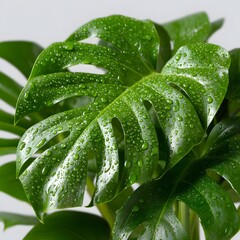 Fototapeta premium Close-up of a monstera deliciosa leaf with water droplets