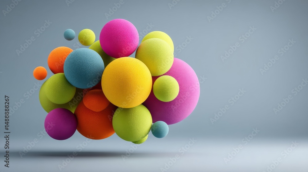 Poster colorful spheres in a dynamic arrangement creating visual interest and energy.