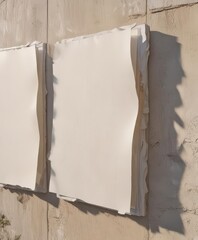 Multiple glued paper posters, outdoor wall, sun-bleached, peeling edges, urban, overlapped, rustic