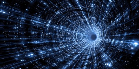 Abstract digital tunnel of glowing blue light streaks and data streams. Futuristic technology concept.