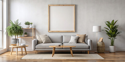 Fototapeta premium A stylish living room features a light gray sofa adorned with pillows, a wooden coffee table, and greenery. Natural light fills the room, creating a serene atmosphere
