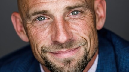Close up of a confident man with blue eyes and a beard