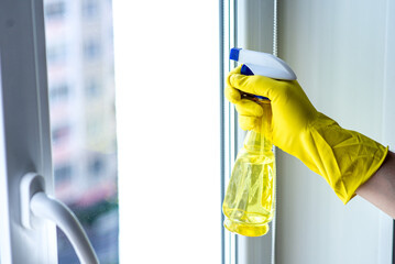 cleaning the window with the spray bottle