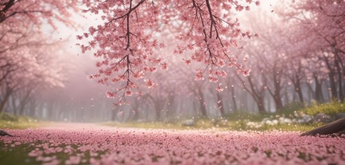 Falling sakura petals create a gentle pink haze against a blurred spring scene ,  serenity,  bloom