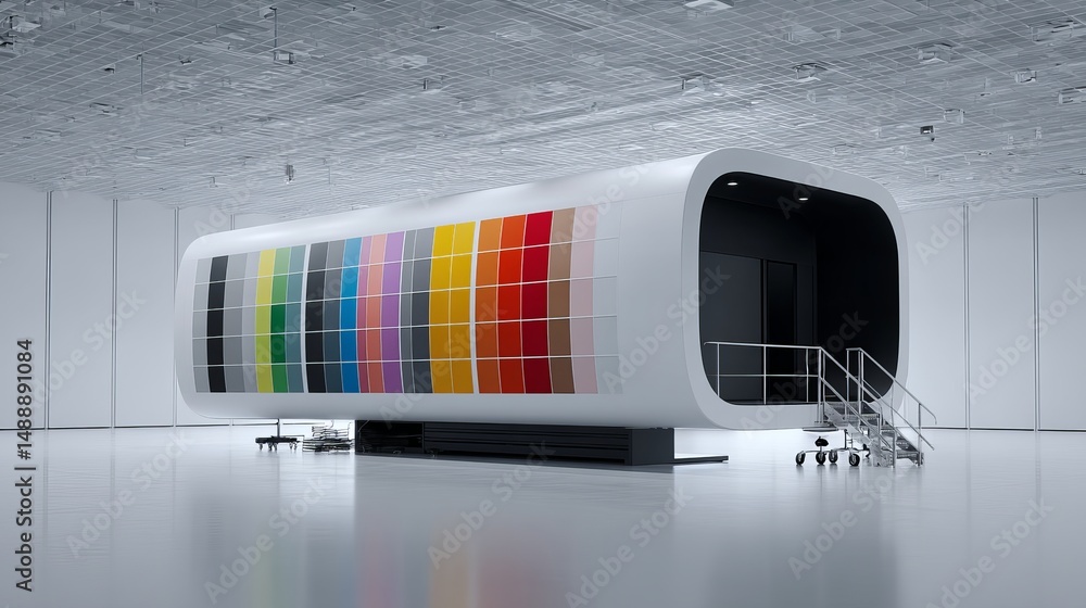 Poster futuristic design of a colorful tech modular structure in a modern space.