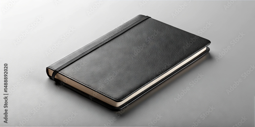 Poster a sleek black notebook is positioned on a smooth gray background. its minimalist design adds sophist