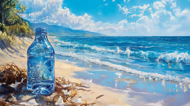 Blue Plastic Bottle Beach Ocean Seascape Sunny Day Summer Coastal Artwork Painting Image Tropical Water Waves Sand Nature Scene sky eco foam shore waste - Powered by Adobe