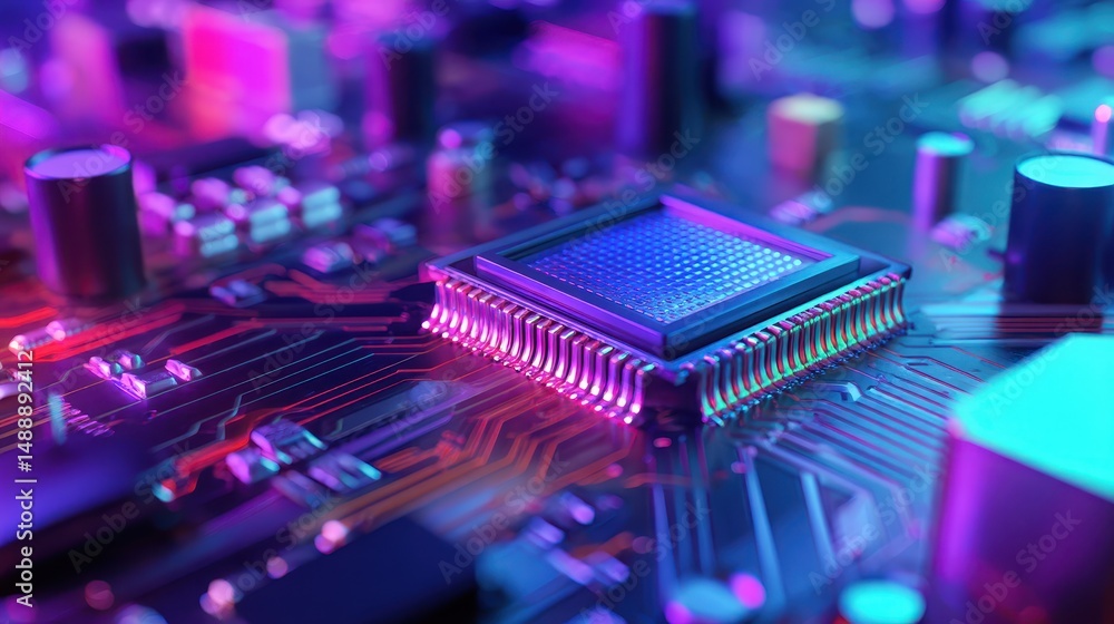 Poster abstract close-up view of a vibrant and colorful circuit board showcasing intricate details of micro