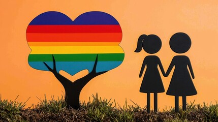 Rainbow Heart Tree and Two Women Holding Hands