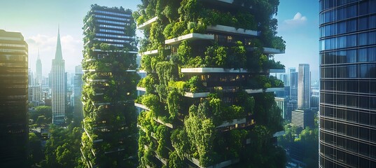 Obraz premium Urban landscape featuring modern skyscrapers surrounded by abundant greenery and open spaces