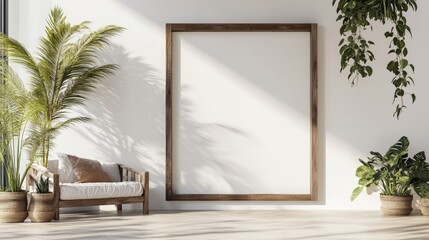 Empty wooden picture frame lying diagonally on light oak floor with morning sunlight casting long shadows, minimalist interior design with white wall background and natural lighting atmosphere.