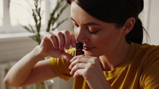 Brunette woman smelling essential oil
