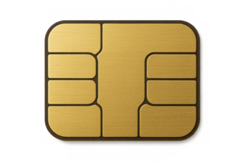 Close-up of a gold smart card chip, isolated on a transparent background, highlighting its secure technology