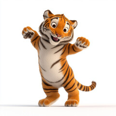 Obraz premium A cheerful cartoon tiger cub stands on its hind legs, arms outstretched in a welcoming gesture, set against a clean, white background.