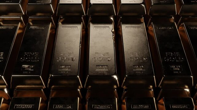 Gold bars background. Rows of shiny gold bullion with serial numbers and engraved text.