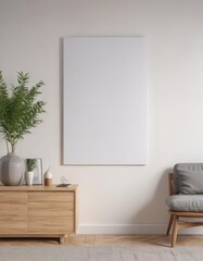 Modern living room, white wall, poster mockup on wooden clips,  clean lines,  room,  white