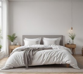 Bright, airy Scandinavian king bedroom, simple white linens ,  white bedding, king size bed,  linens