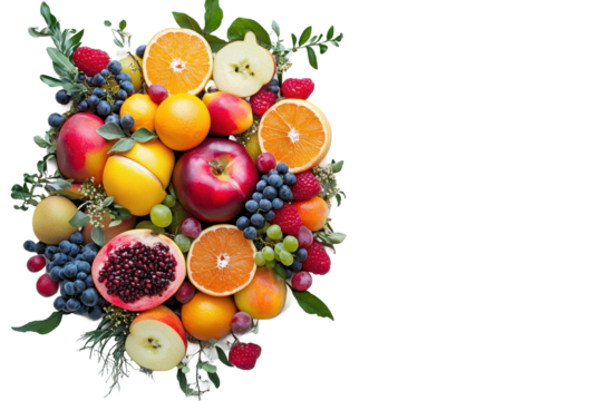 Colorful fruit arrangement with assorted tropical fruits and flowers on a transparent background perfect for design projects or educational materials