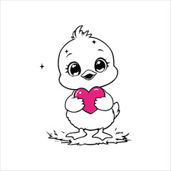 Fototapeta premium Cute chick holding heart illustration for valentine's day coloring page vector art design image graphic