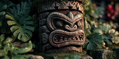 Wooden Tiki Statue Amidst Lush Green Foliage with Sunlit Background