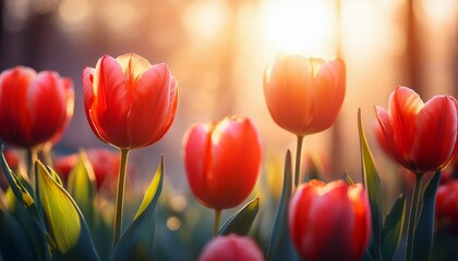 tulip red impression flowers in spring sunlight