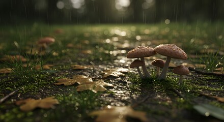 Fototapeta premium Enchanted Forest Mushrooms in the Rain - Autumnal Scene