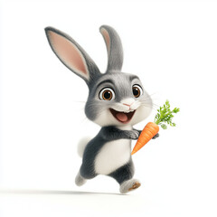 Obraz premium A cartoon rabbit gleefully runs with a large carrot, his eyes wide and mouth open in a joyful expression. Isolated on white backdrop