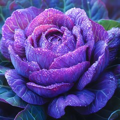 Obraz premium Close-up of a vibrant purple cabbage blossom with water droplets