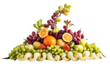 Colorful fruit arrangement with assorted tropical fruits and flowers on a transparent background perfect for design projects or educational materials