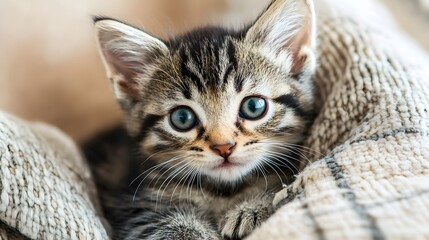 Close up of a tabby kitten with blue eyes nestled in a soft blanket indoors