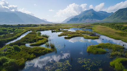 Aerial view of a lush green wetland with waterways and distant mountains under a cloudy sky