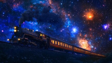 11. Celestial train traveling through the night sky with galaxies in the background